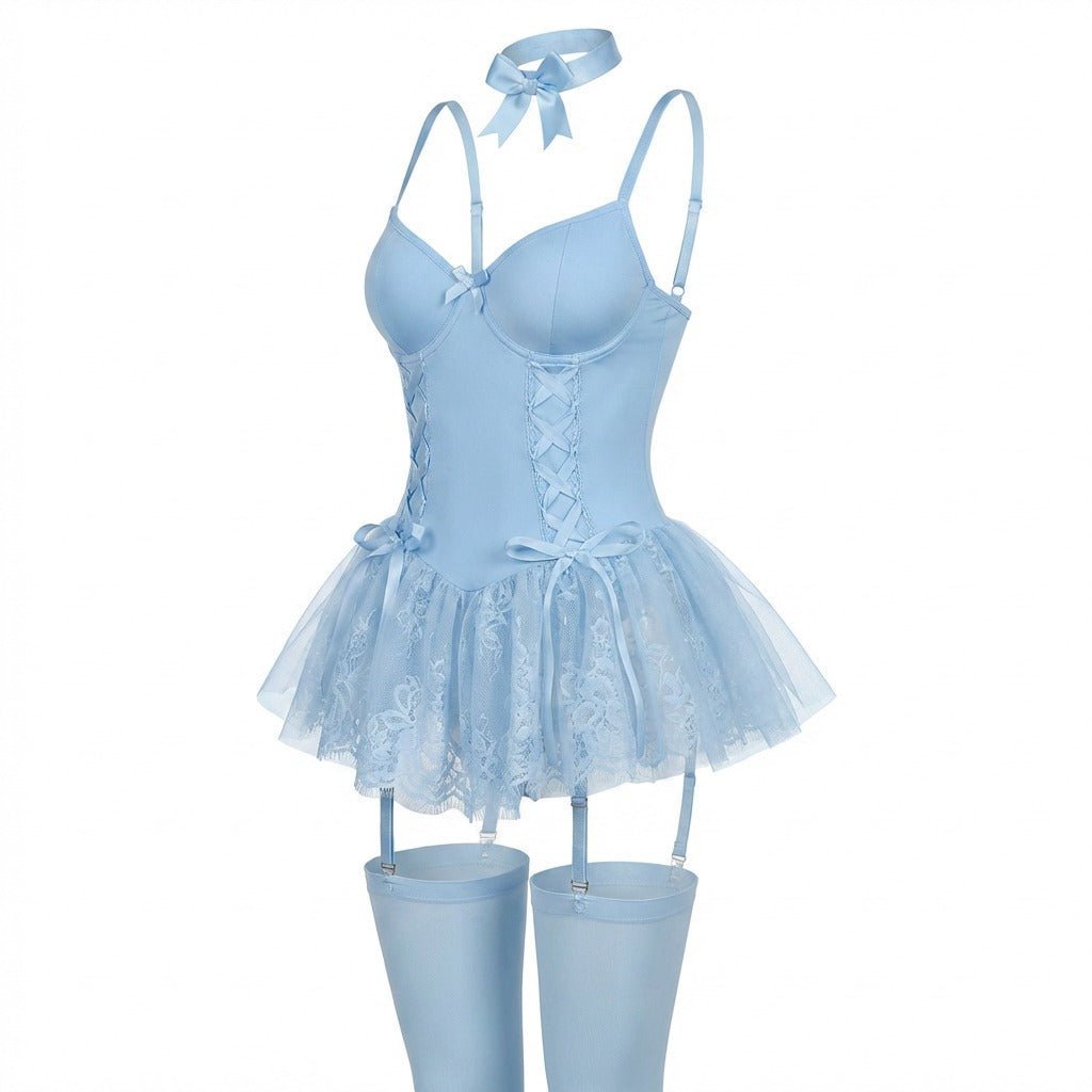 Dames Kant Bustier Teddy Korsetten Jarretelriemen - Baby Blue