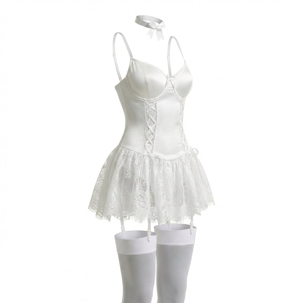 Dames Kant Bustier Teddy Korsetten Jarretelriemen - White