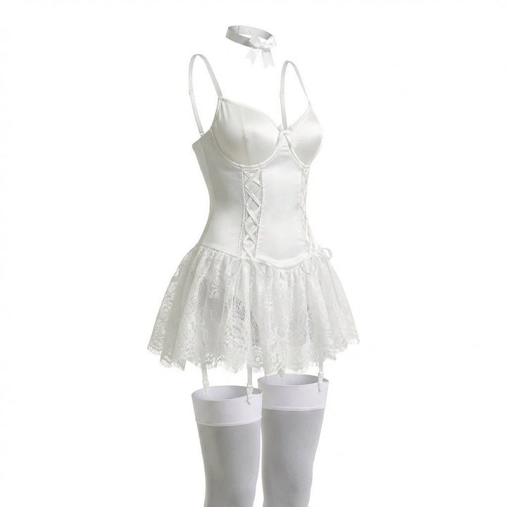 Dames Kant Bustier Teddy Korsetten Jarretelriemen - White