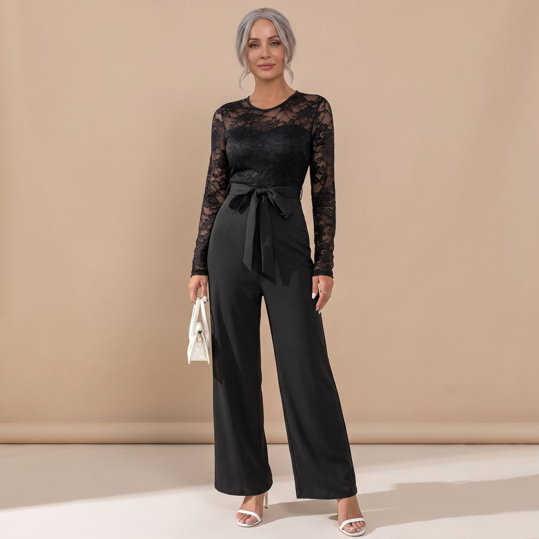 Dames Kanten Jumpsuit met Wijde Pijpen en Strikceintuur - Zwart