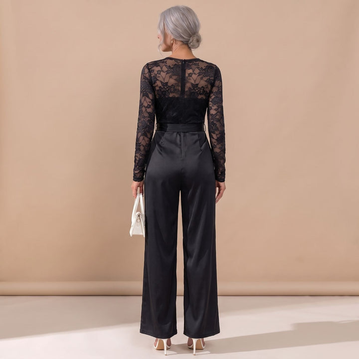 Dames Kanten Jumpsuit met Wijde Pijpen en Strikceintuur