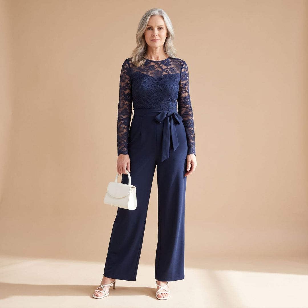 Dames Kanten Jumpsuit met Wijde Pijpen en Strikceintuur - Blauw