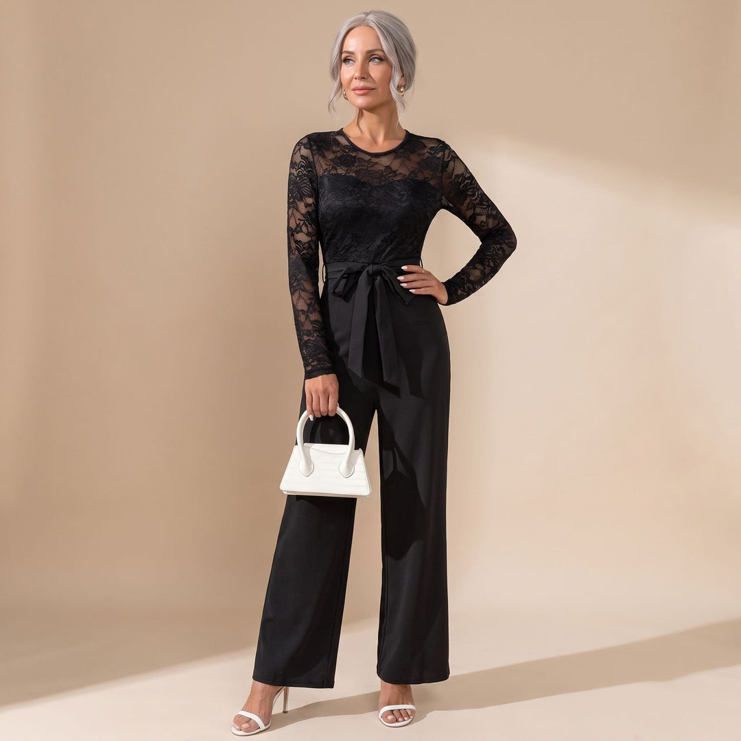 Dames Kanten Jumpsuit Wijde Pijp Strikceintuur Lange Mouw - Zwart