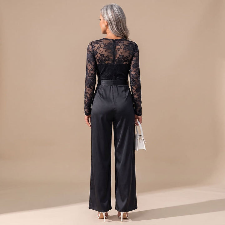 Dames Kanten Jumpsuit Wijde Pijp Strikceintuur Lange Mouw