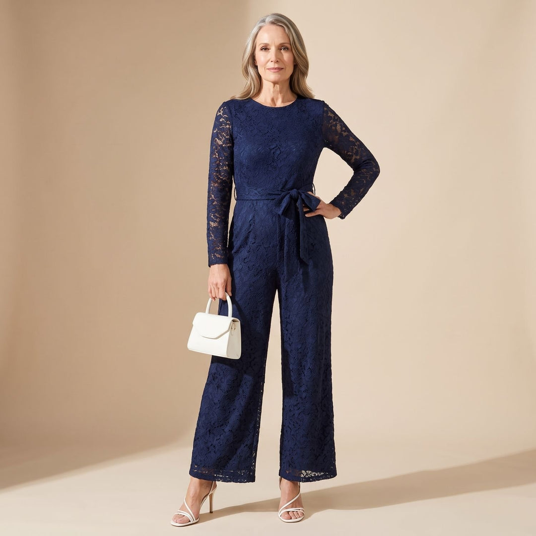 Dames Kanten Jumpsuit Wijde Pijp Strikceintuur Lange Mouw - Blauw