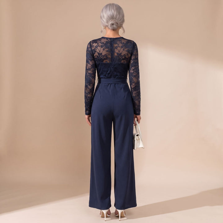 Dames Kanten Jumpsuit Wijde Pijp Strikceintuur Lange Mouw