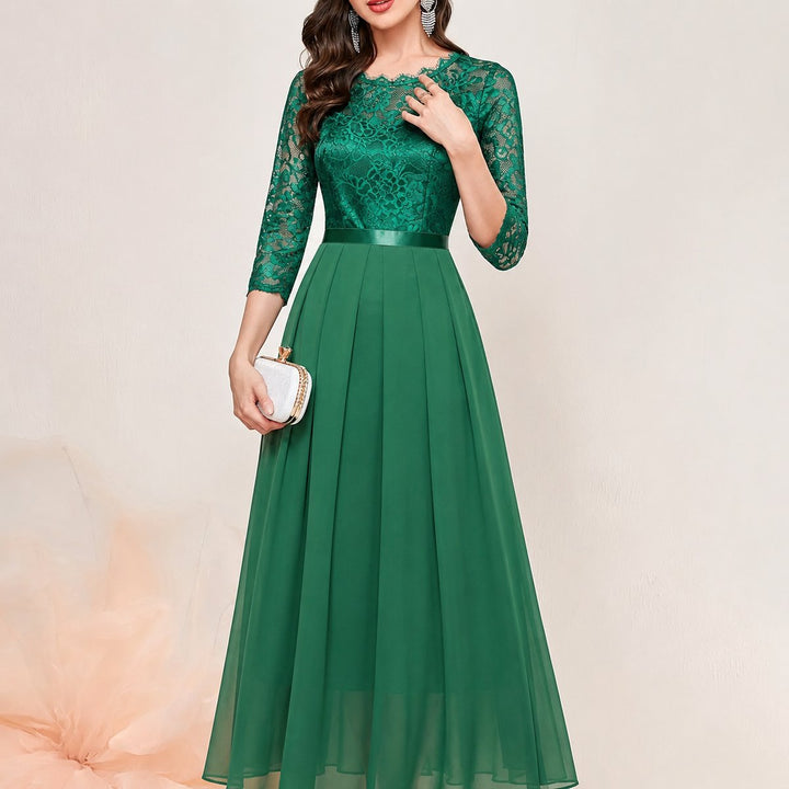 Dames Kanten Maxi Formele Jurk Driekwart Mouw Geplooide Chiffon - Groen