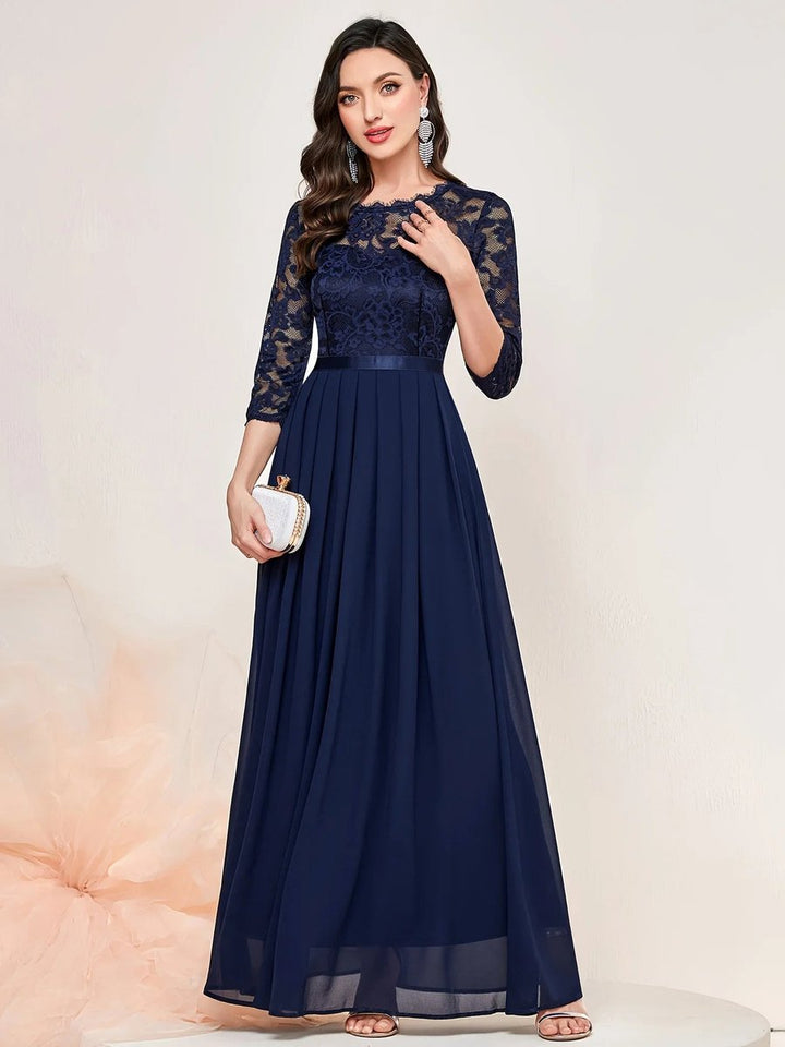Dames Kanten Maxi Formele Jurk Driekwart Mouw Geplooide Chiffon