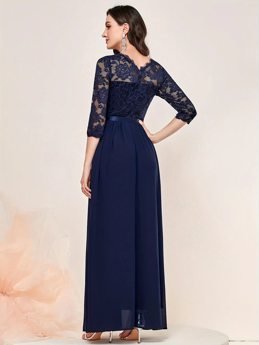 Dames Kanten Maxi Formele Jurk Driekwart Mouw Geplooide Chiffon
