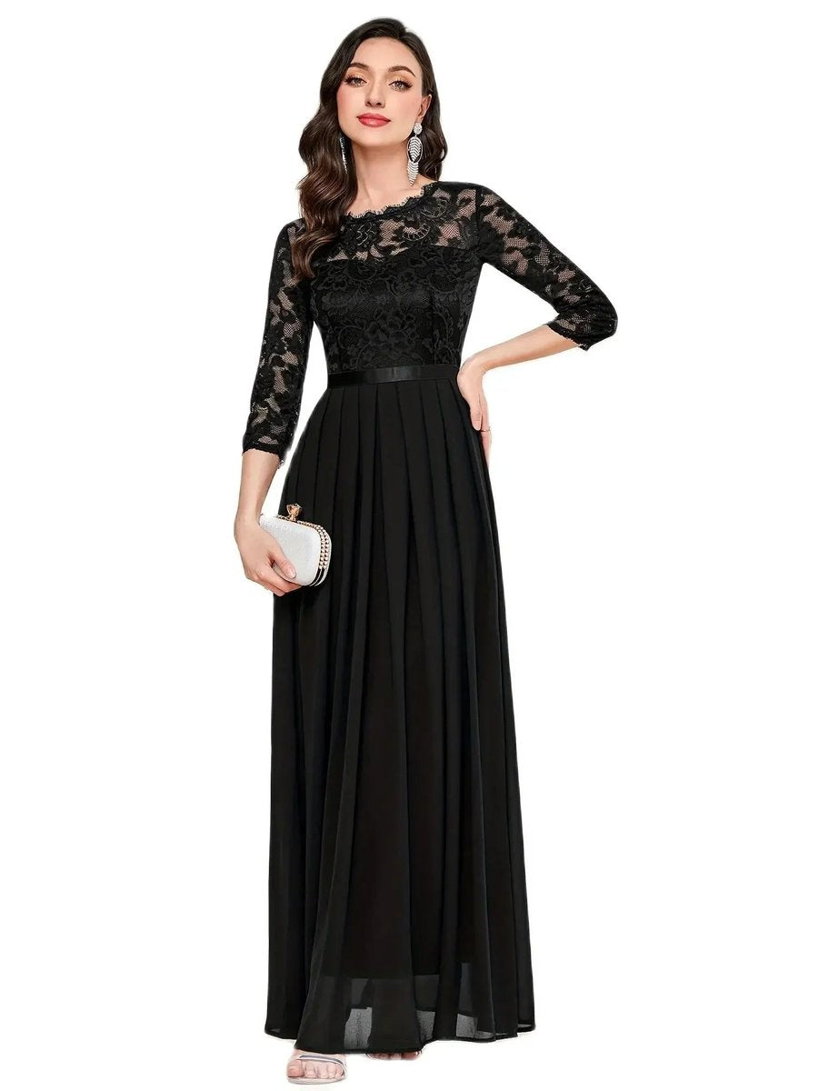 Dames Kanten Maxi Formele Jurk Driekwart Mouw Geplooide Chiffon