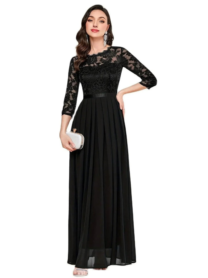Dames Kanten Maxi Formele Jurk Driekwart Mouw Geplooide Chiffon