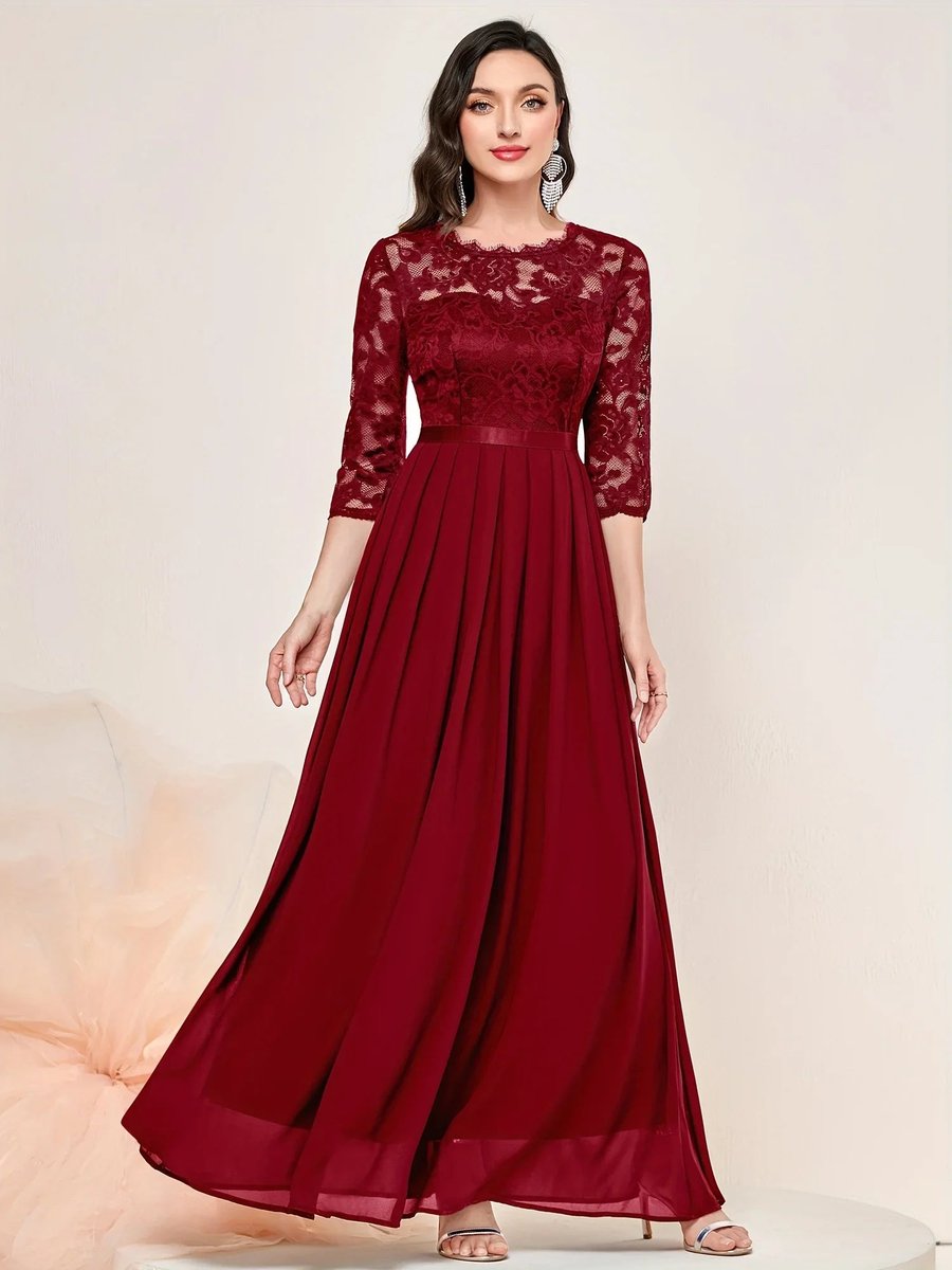 Dames Kanten Maxi Formele Jurk Driekwart Mouw Geplooide Chiffon