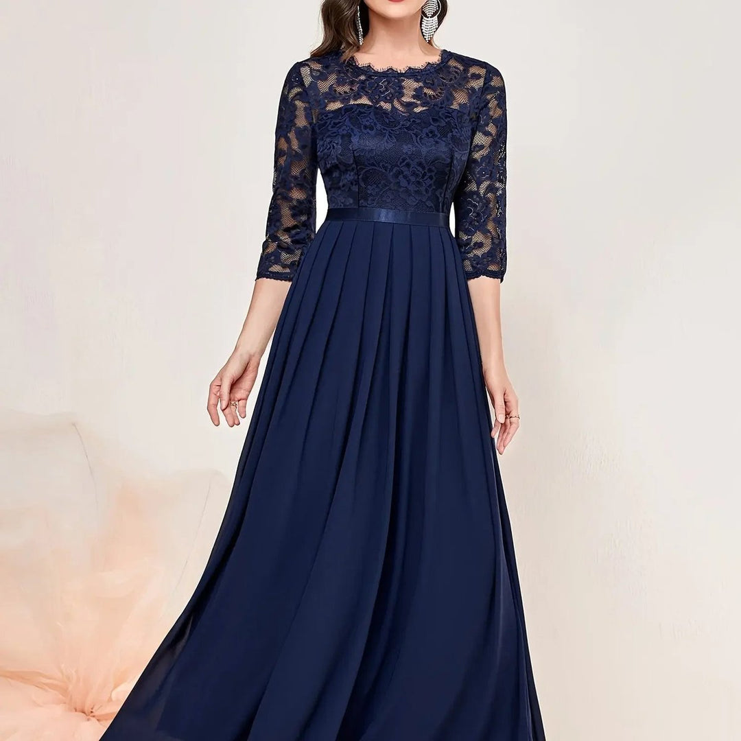 Dames Kanten Maxi Formele Jurk Driekwart Mouw Geplooide Chiffon - Blauw