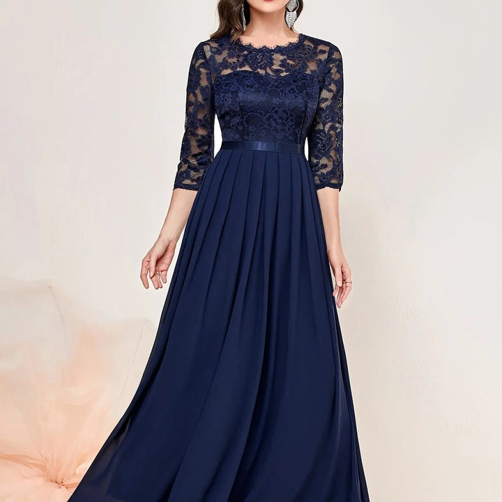 Dames Kanten Maxi Formele Jurk Driekwart Mouw Geplooide Chiffon - Blauw