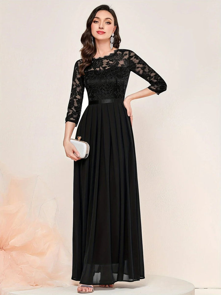 Dames Kanten Maxi Formele Jurk Driekwart Mouw Geplooide Chiffon - Zwart
