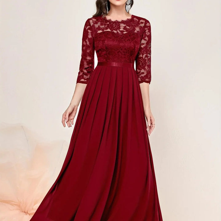 Dames Kanten Maxi Formele Jurk Driekwart Mouw Geplooide Chiffon - Rood