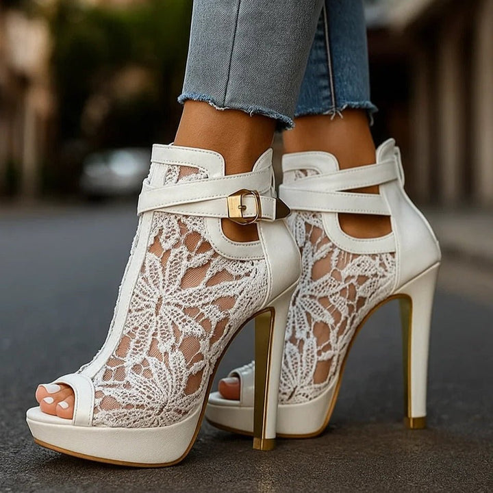 Dames Kanten Peep-Toe Stiletto Enkellaarsjes Gesp