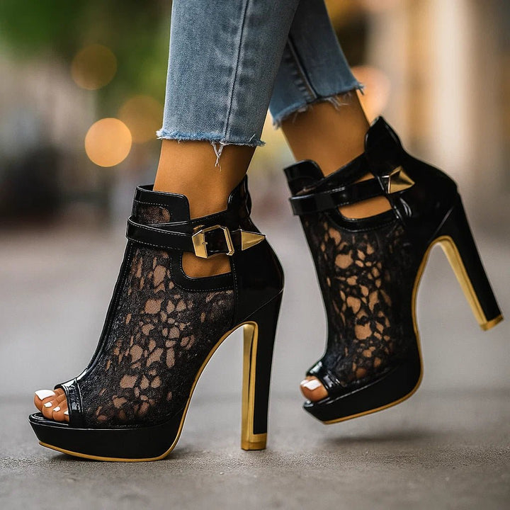 Dames Kanten Peep-Toe Stiletto Enkellaarsjes Gesp