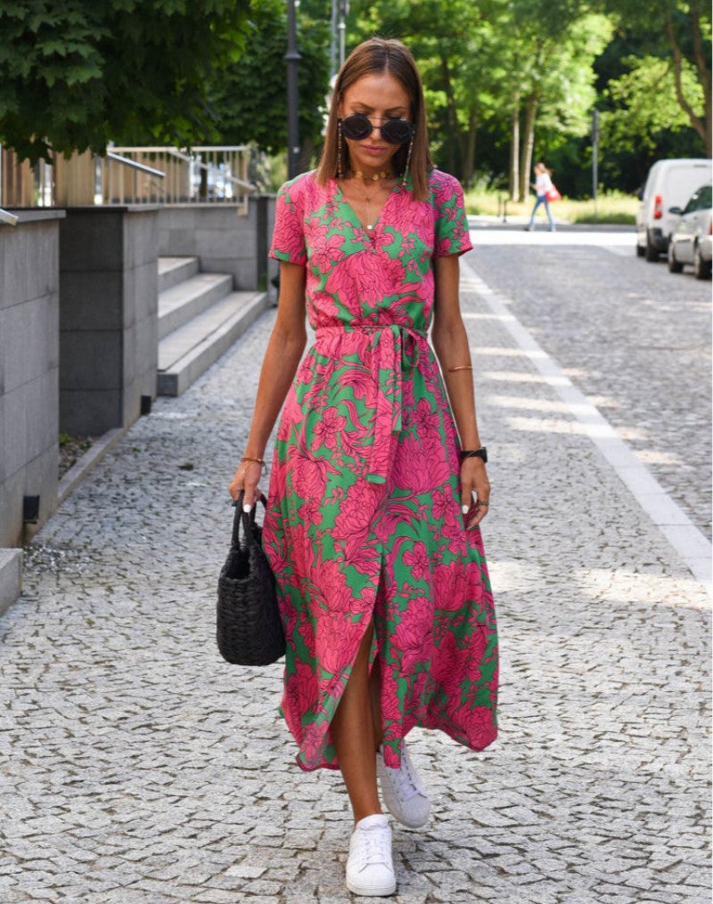 Dames Katoenen Bloemen Wikkel V-hals Midi-jurk Strikceintuur - Dark Pink