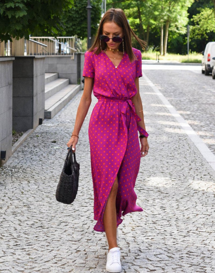 Dames Katoenen Bloemen Wikkel V-hals Midi-jurk Strikceintuur - Fuschia