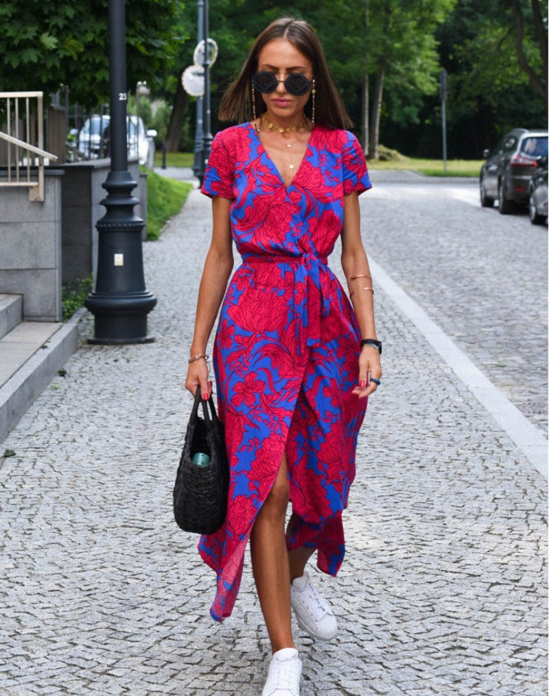 Dames Katoenen Bloemen Wikkel V-hals Midi-jurk Strikceintuur - Red
