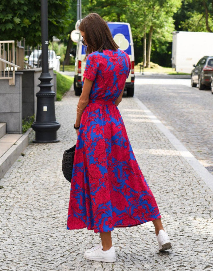 Dames Katoenen Bloemen Wikkel V-hals Midi-jurk Strikceintuur