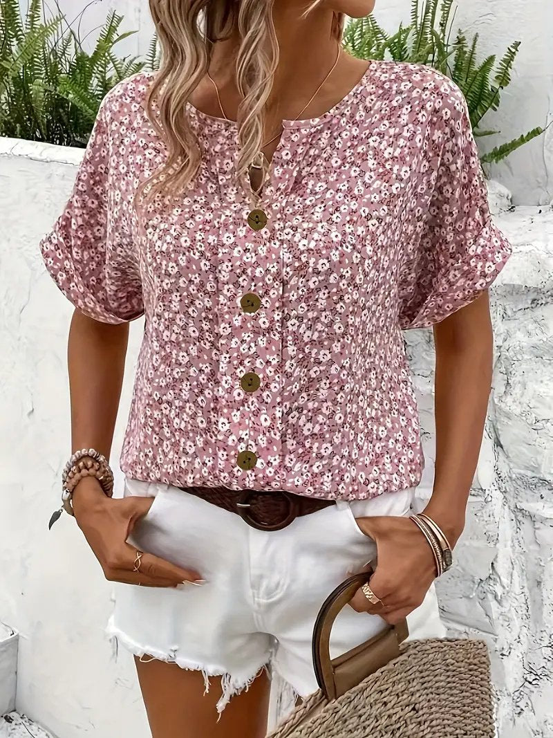 Dames Katoenen Bloemenprint Knoopsluiting Blouse Korte Mouw