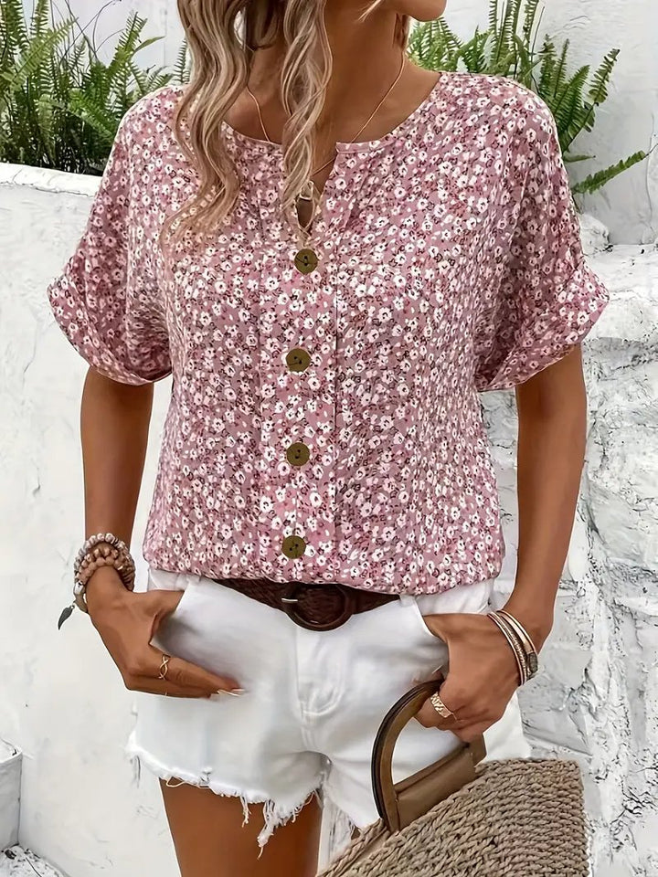 Dames Katoenen Bloemenprint Knoopsluiting Blouse Korte Mouw