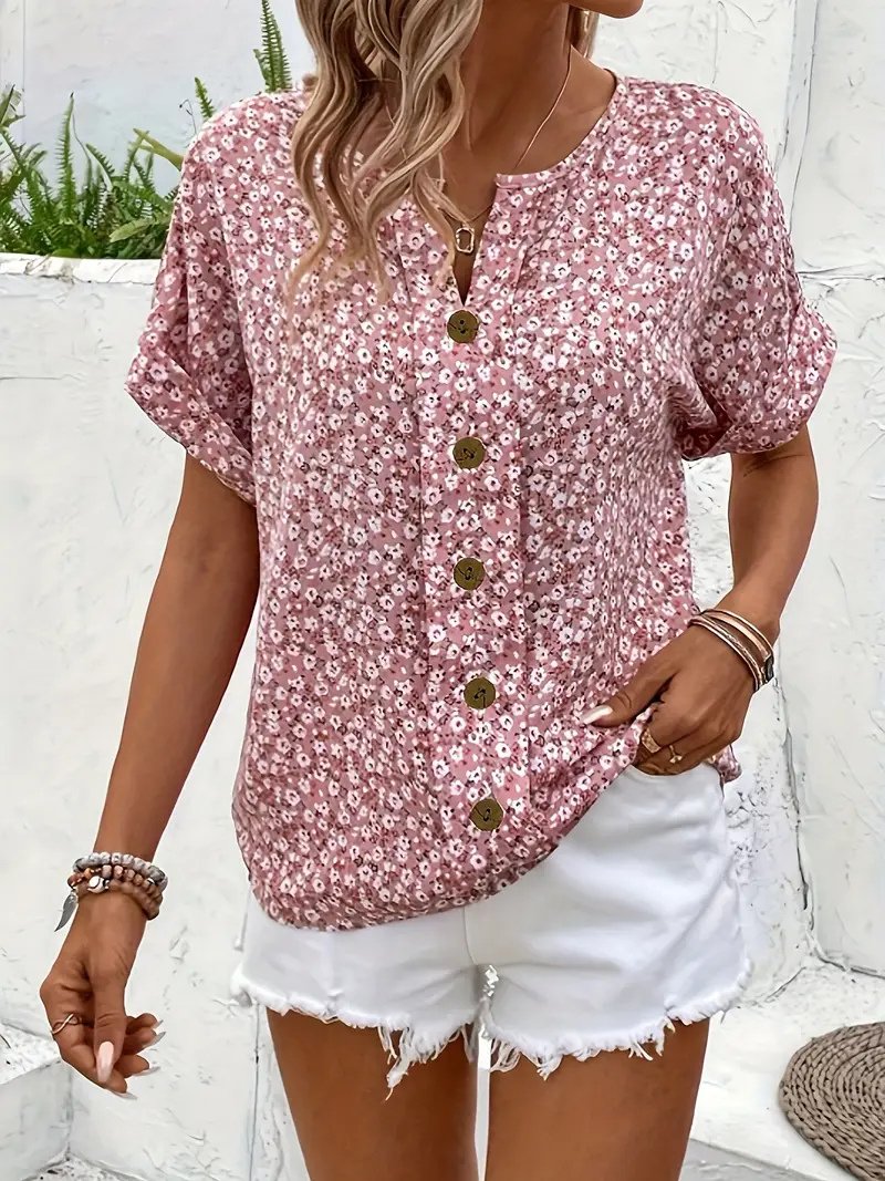 Dames Katoenen Bloemenprint Knoopsluiting Blouse Korte Mouw