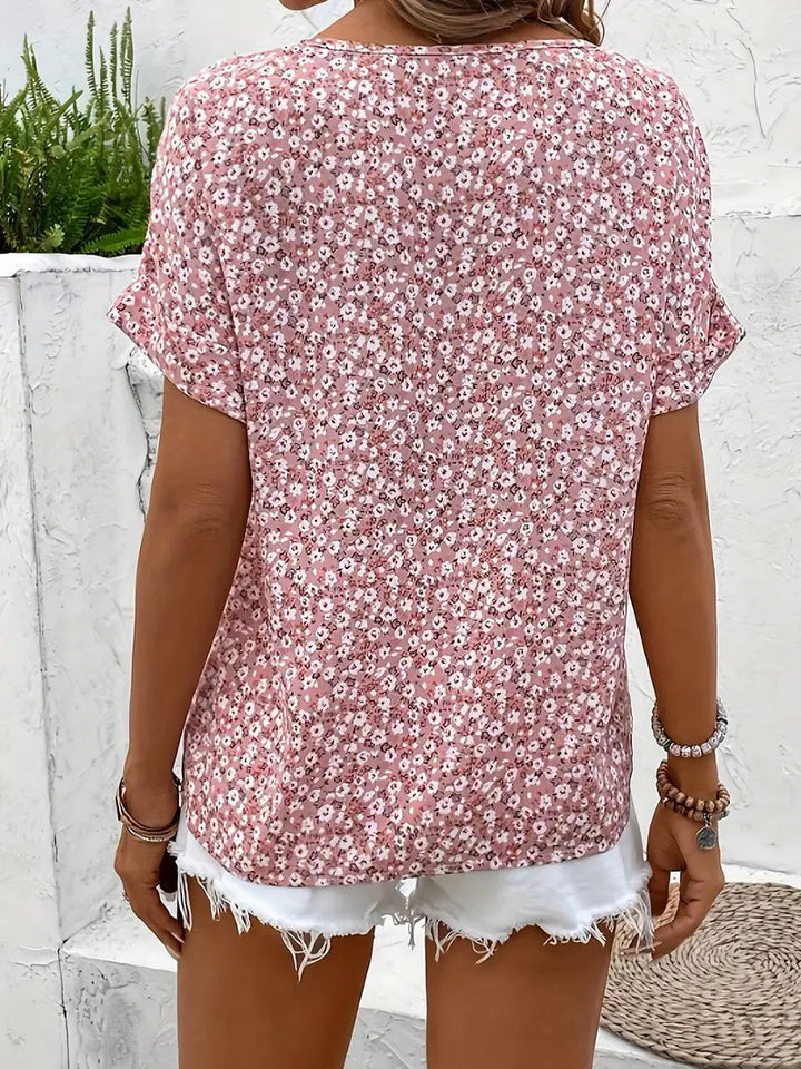 Dames Katoenen Bloemenprint Knoopsluiting Blouse Korte Mouw