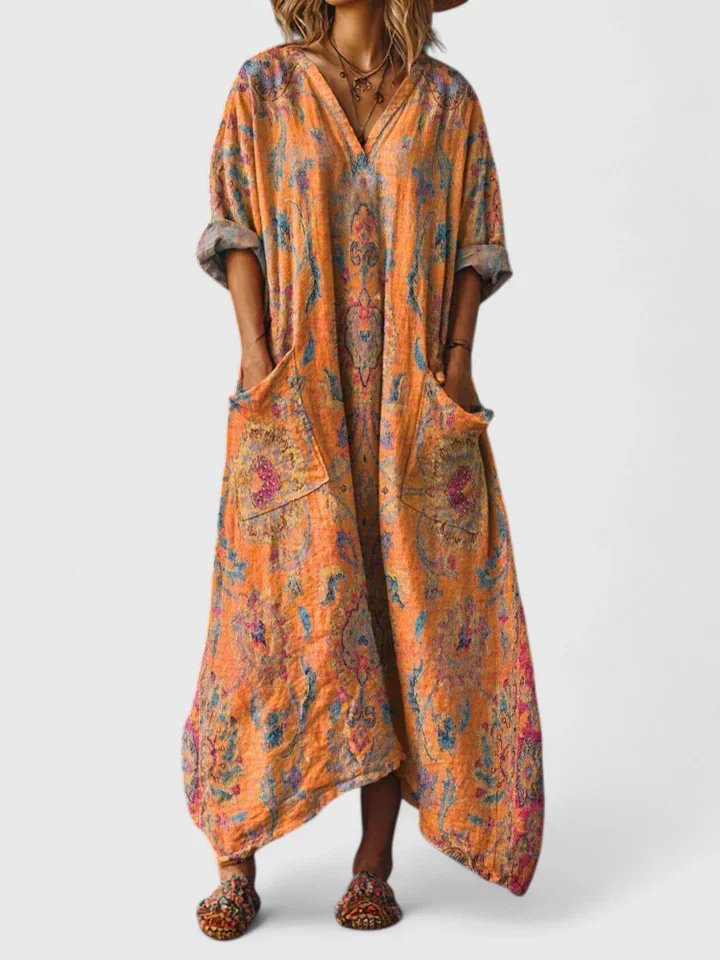 Dames Katoenen Boho Print Maxi Jurk met V-Hals - Orange