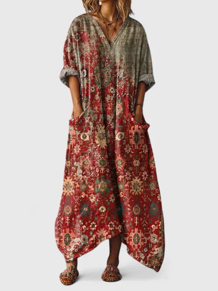 Dames Katoenen Boho Print Maxi Jurk met V-Hals - Red