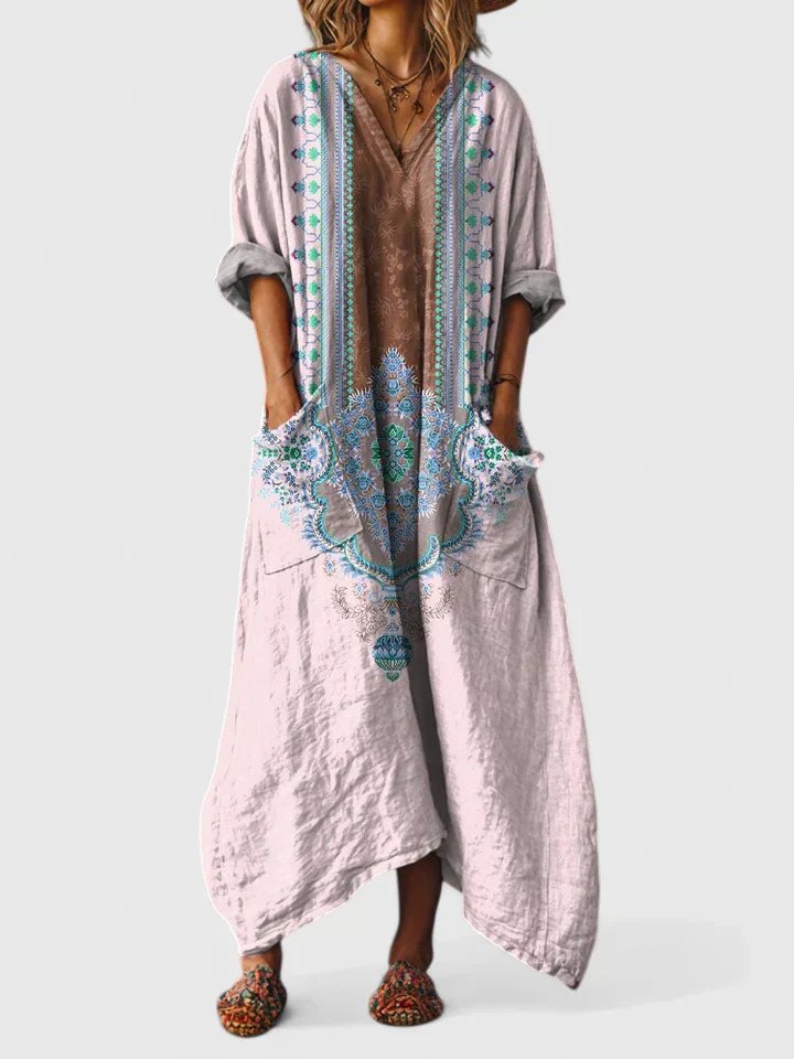 Dames Katoenen Boho Print Maxi Jurk met V-Hals - Light Pink