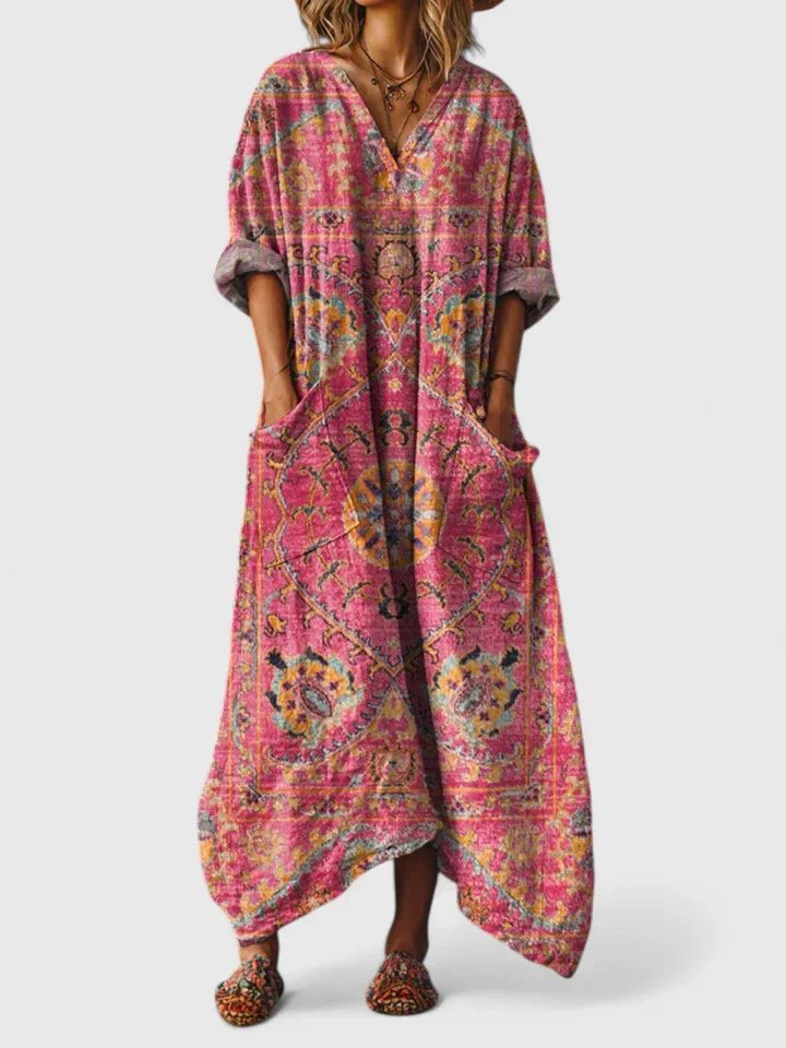 Dames Katoenen Boho Print Maxi Jurk met V-Hals - Dark Pink