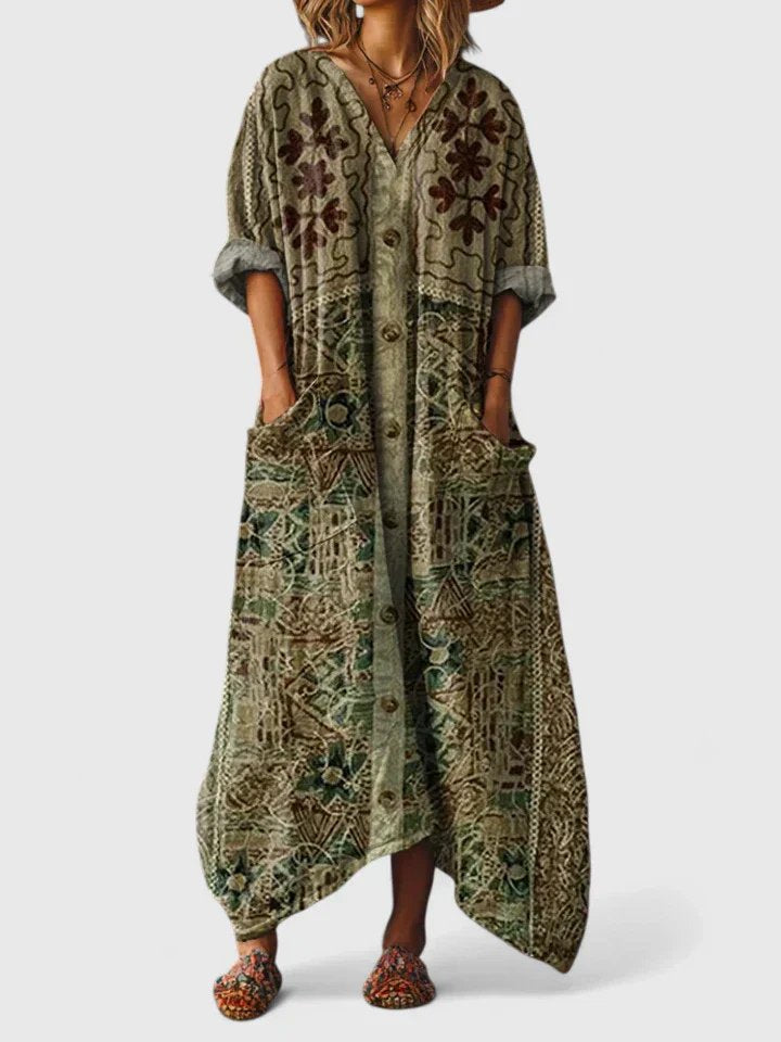 Dames Katoenen Boho Print Maxi Jurk met V-Hals - Olive Green