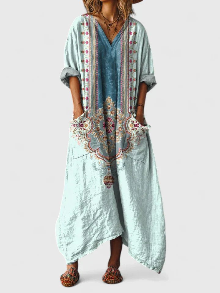 Dames Katoenen Boho Print Maxi Jurk met V-Hals - Powder Blue