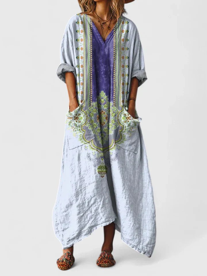 Dames Katoenen Boho Print Maxi Jurk met V-Hals - Light Blue