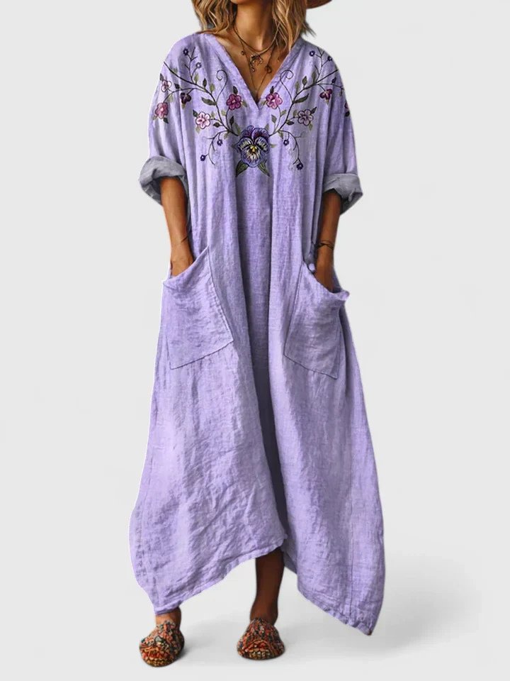 Dames Katoenen Boho Print Maxi Jurk met V-Hals - Purple