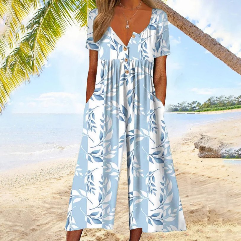 Dames Katoenen Korte Mouw Culotte Jumpsuit Knoopsluiting - Light Blue
