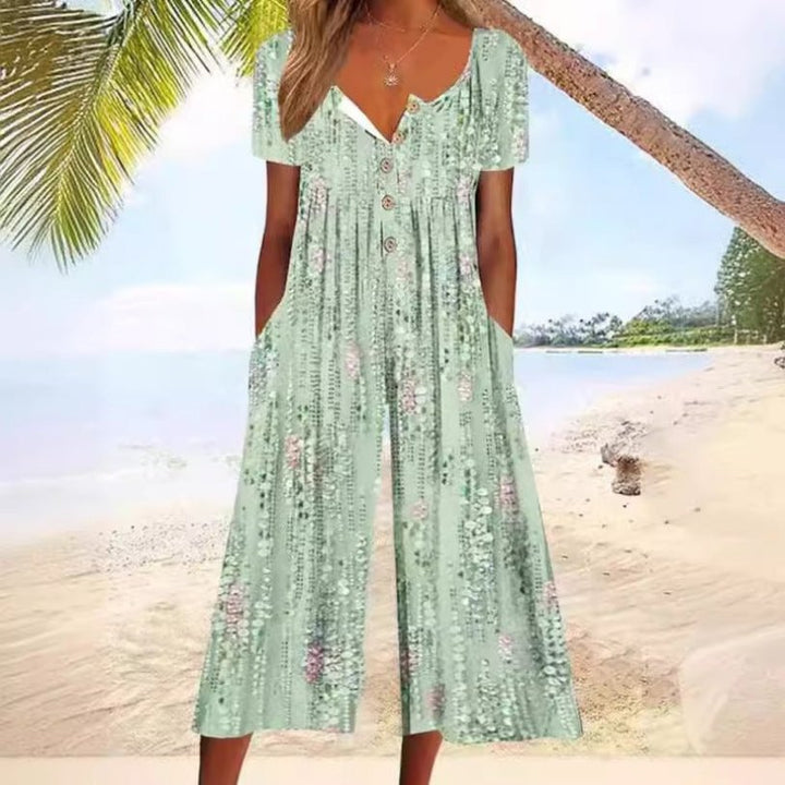 Dames Katoenen Korte Mouw Culotte Jumpsuit Knoopsluiting - Green