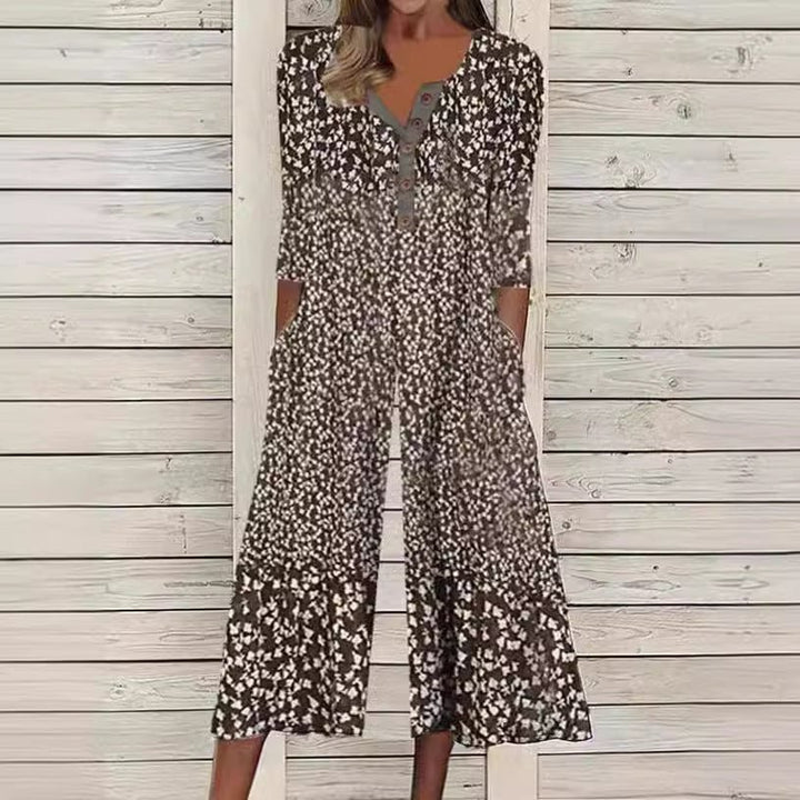 Dames Katoenen Korte Mouw Culotte Jumpsuit Knoopsluiting - Brown