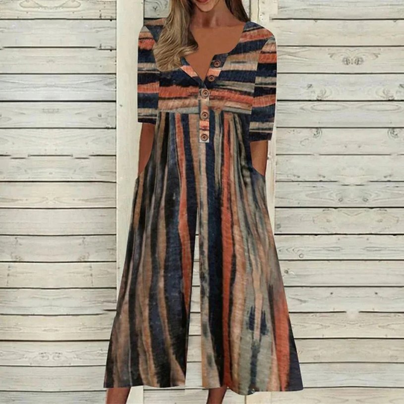 Dames Katoenen Korte Mouw Culotte Jumpsuit Knoopsluiting - Multicolor