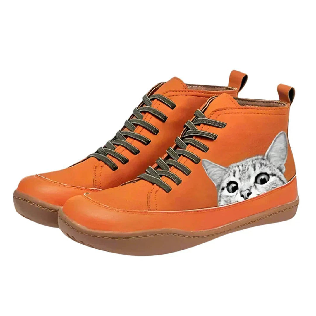 Dames Katten-print Vetersluiting Leren Ankle Boots - Oranje