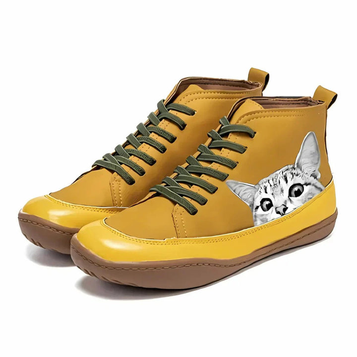 Dames Katten-print Vetersluiting Leren Ankle Boots - Geel