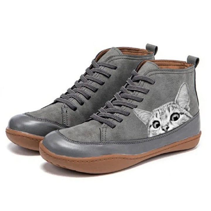 Dames Katten-print Vetersluiting Leren Ankle Boots - Grijs
