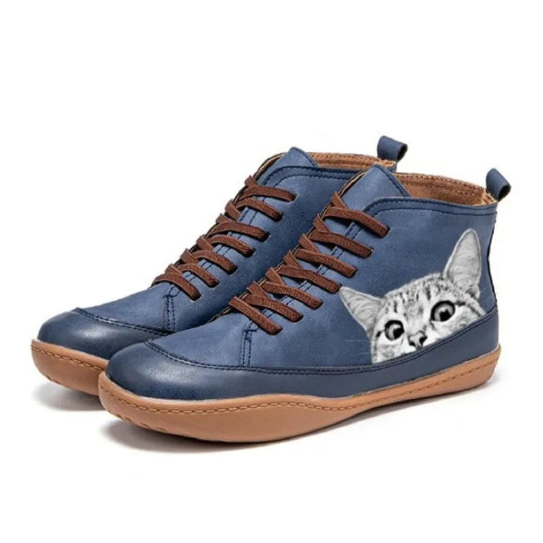 Dames Katten-print Vetersluiting Leren Ankle Boots - Blauw