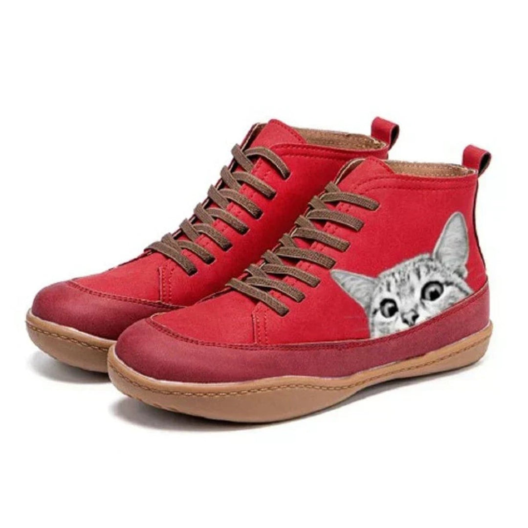 Dames Katten-print Vetersluiting Leren Ankle Boots - Rood