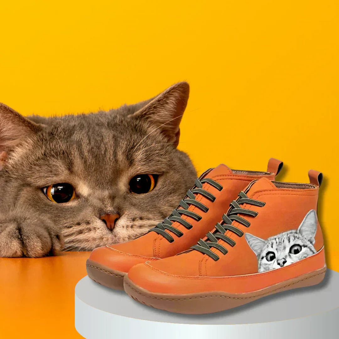 Dames Katten-print Vetersluiting Leren Ankle Boots