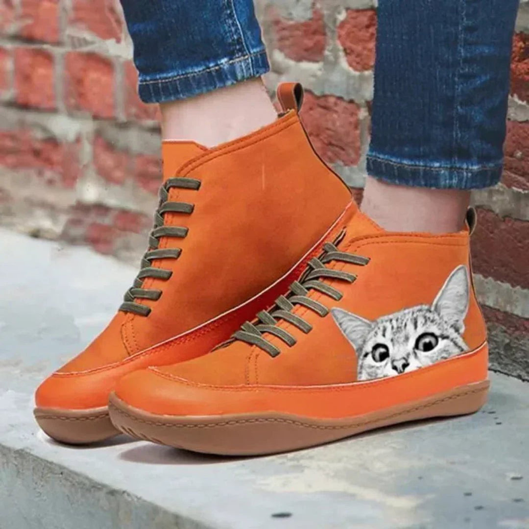 Dames Katten-print Vetersluiting Leren Ankle Boots
