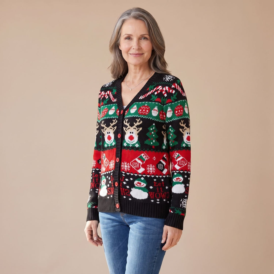 Dames Kersttrui Gebreide Cardigan met Rendier Sneeuwpop Print